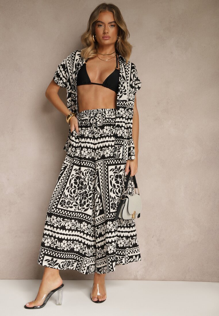 j&x Set Negru din Vâscoză cu Imprimeu Floral Cămașă și Pantaloni Sonelienna