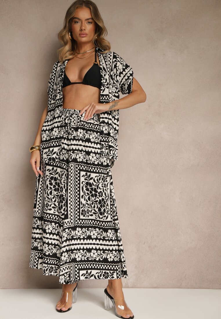 j&x Set Negru din Vâscoză cu Imprimeu Floral Cămașă și Pantaloni Sonelienna