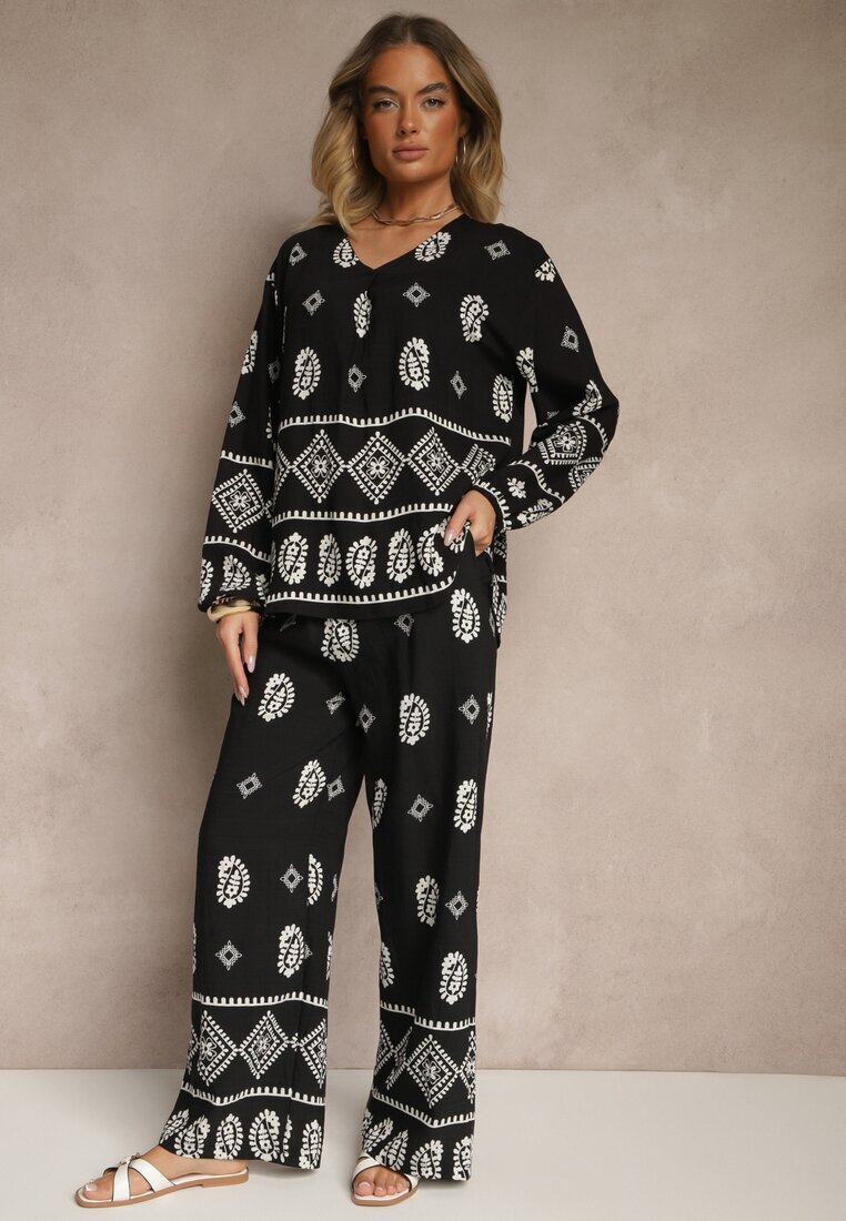 j&x Set Negru în Stil Etnic Pantaloni cu Elastic în Talie și Bluză Oversize Eviralyn