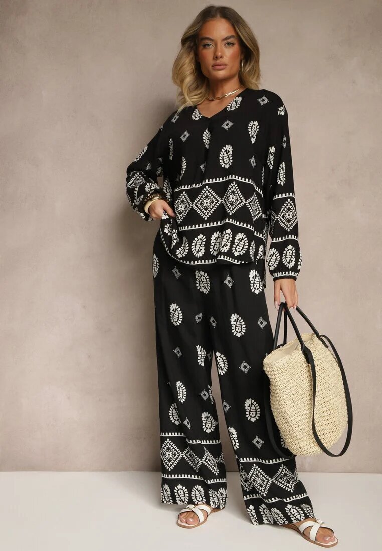 j&x Set Negru în Stil Etnic Pantaloni cu Elastic în Talie și Bluză Oversize Eviralyn