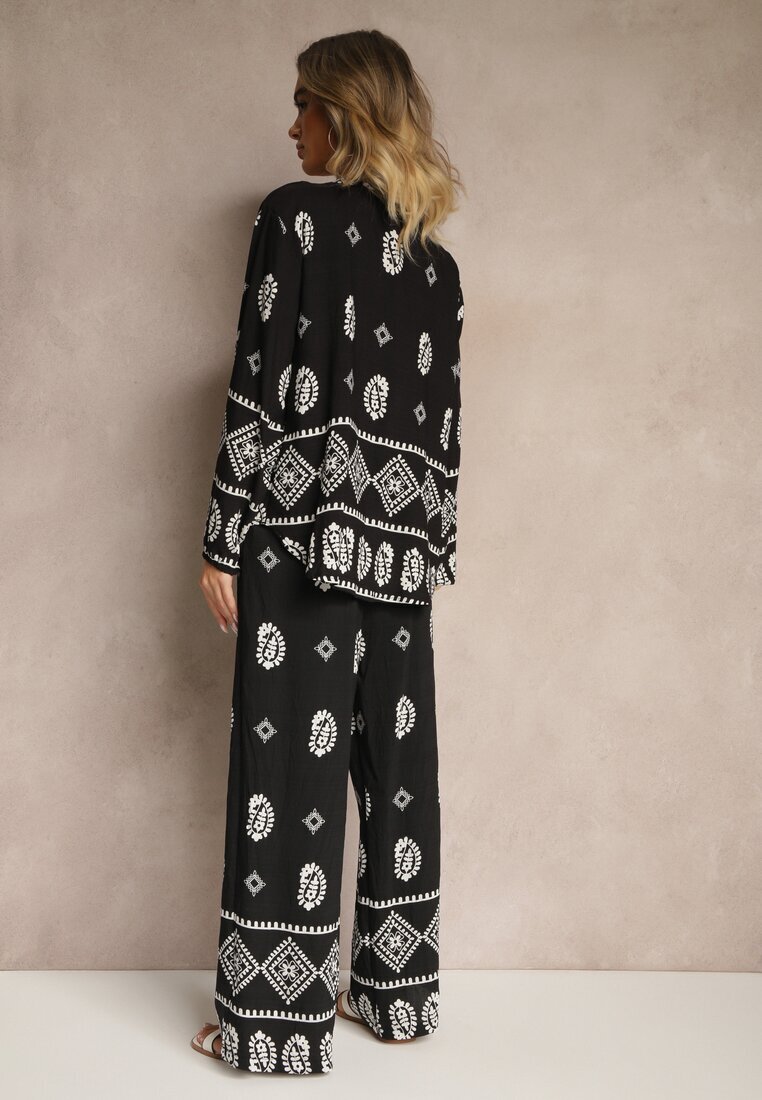 j&x Set Negru în Stil Etnic Pantaloni cu Elastic în Talie și Bluză Oversize Eviralyn