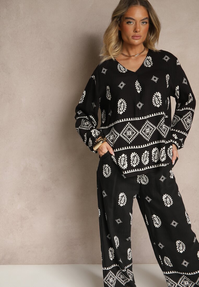 j&x Set Negru în Stil Etnic Pantaloni cu Elastic în Talie și Bluză Oversize Eviralyn