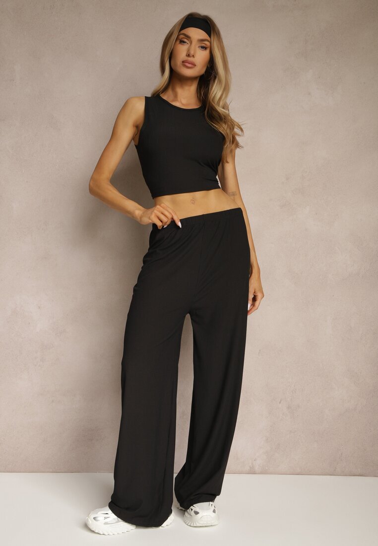 j&x Set Negru Rebrate Top cu croială ajustată și Pantaloni largi Miraselia