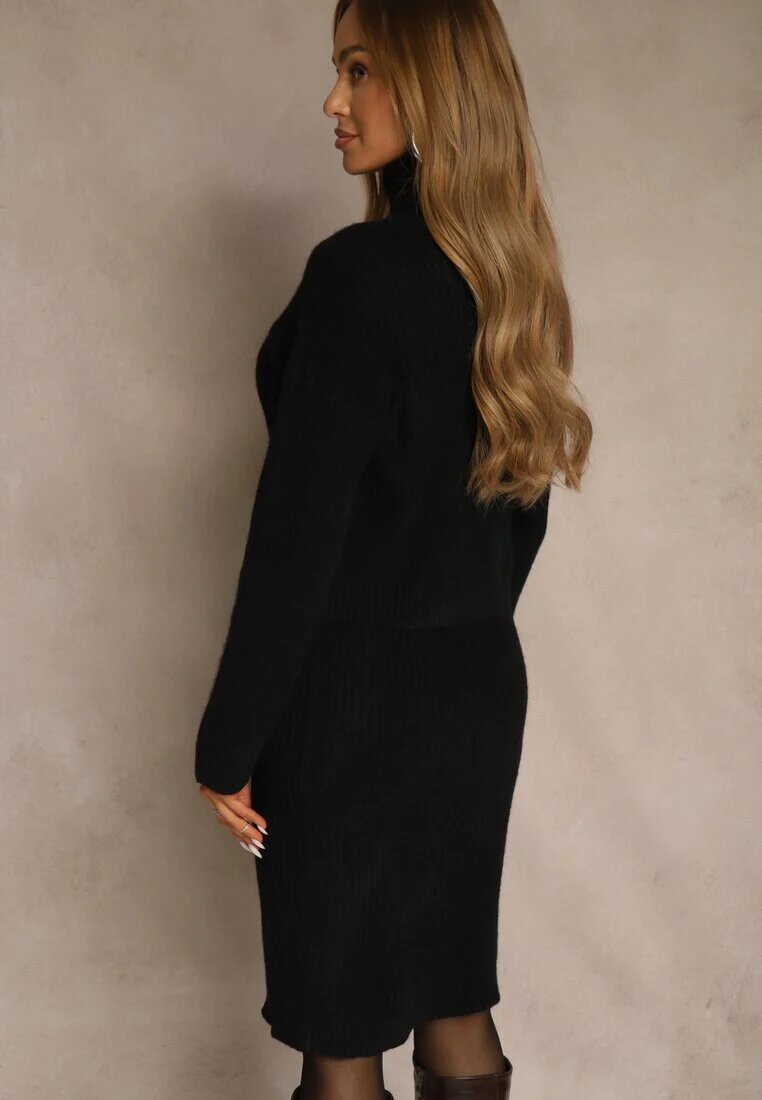j&x Set Negru Tricotat cu Bumbac și Lână Rochie Mulată și Maletă Reinissa