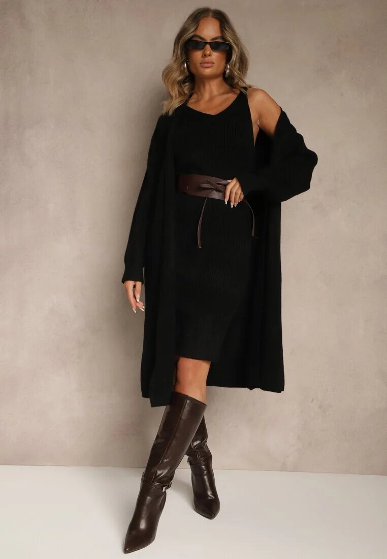 j&x Set Negru Tricotat cu Lână Rochie Rebrată și Cardigan Lung Falonessa