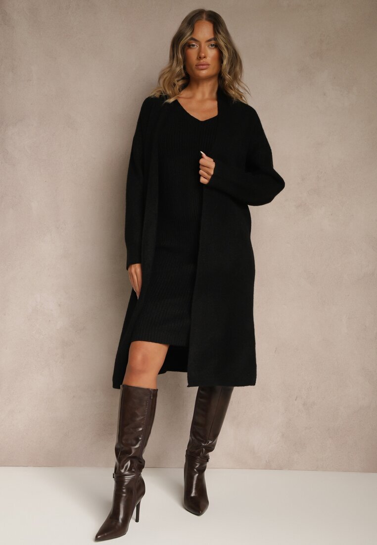 j&x Set Negru Tricotat cu Lână Rochie Rebrată și Cardigan Lung Falonessa