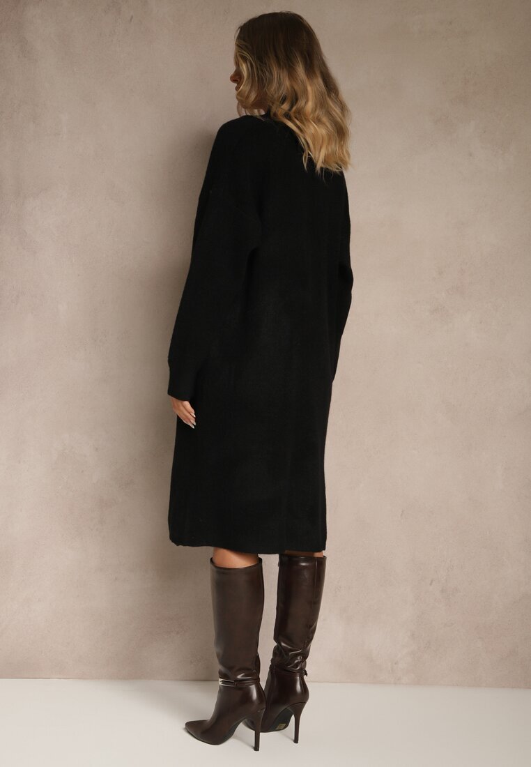 j&x Set Negru Tricotat cu Lână Rochie Rebrată și Cardigan Lung Falonessa