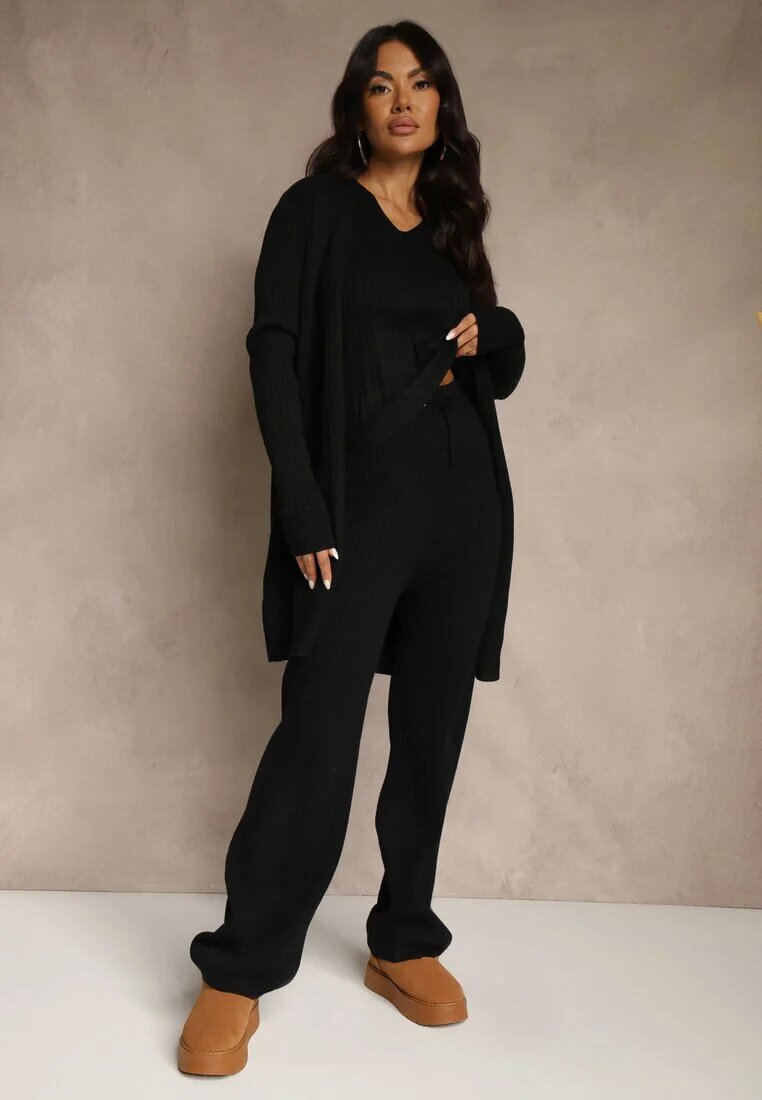j&x Set Negru Tricotat din Bumbac Pantaloni Vestă și Cardigan Lung Mevalinia