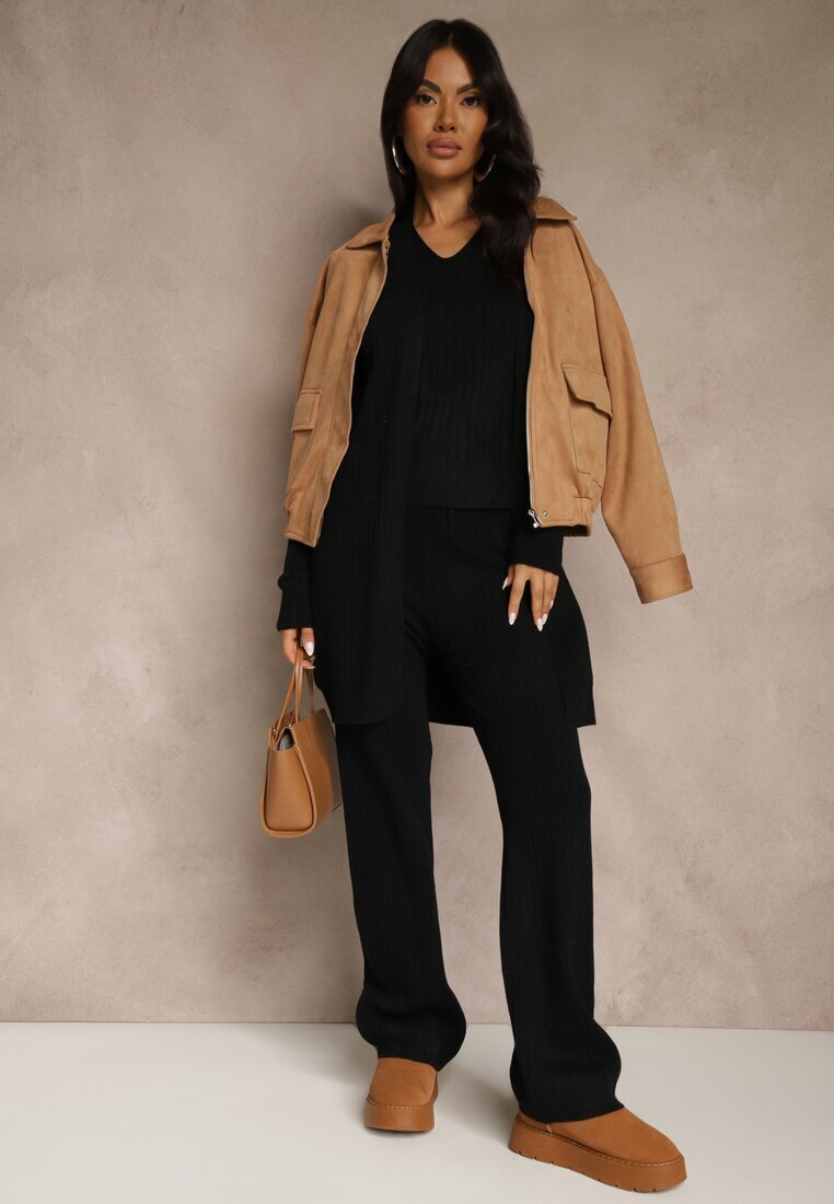 j&x Set Negru Tricotat din Bumbac Pantaloni Vestă și Cardigan Lung Mevalinia