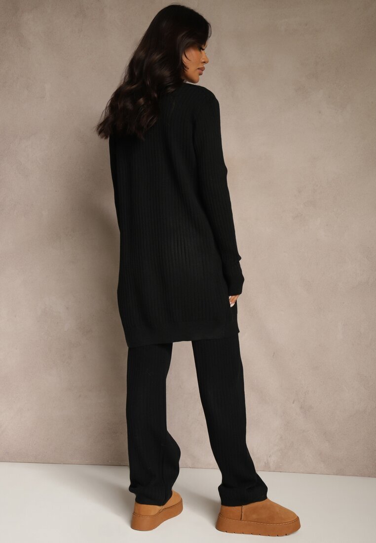 j&x Set Negru Tricotat din Bumbac Pantaloni Vestă și Cardigan Lung Mevalinia