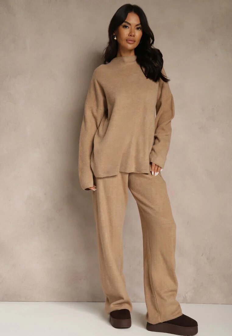 j&x Set Oversize Bej închis din tricot cu lână Pulover și Pantaloni largi Alenria