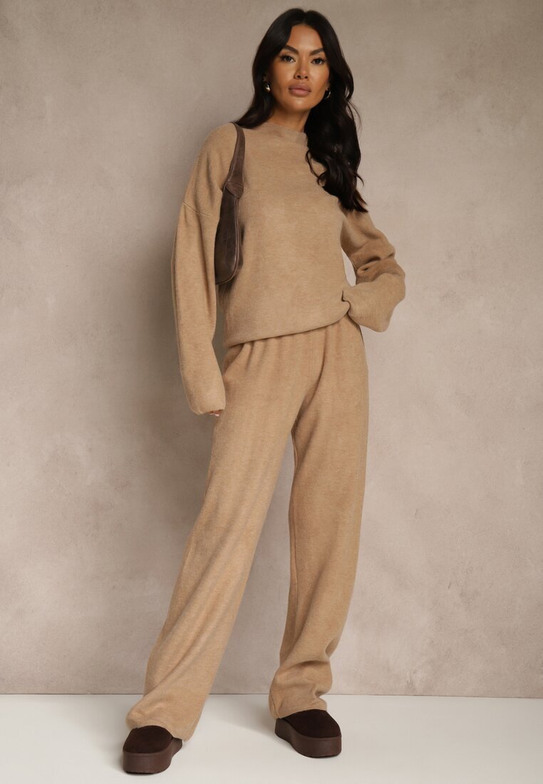 j&x Set Oversize Bej închis din tricot cu lână Pulover și Pantaloni largi Alenria
