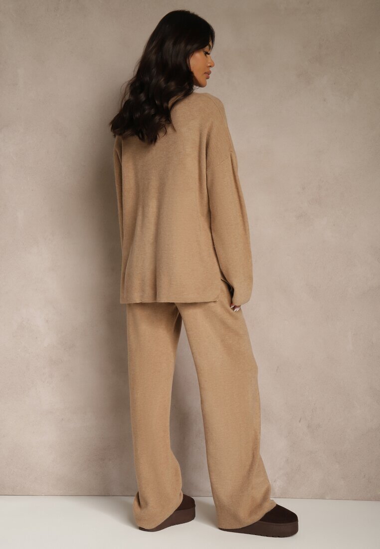 j&x Set Oversize Bej închis din tricot cu lână Pulover și Pantaloni largi Alenria