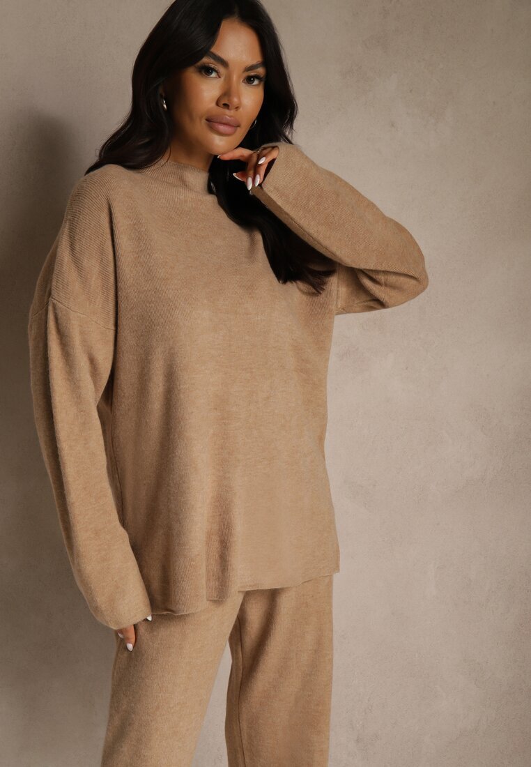 j&x Set Oversize Bej închis din tricot cu lână Pulover și Pantaloni largi Alenria