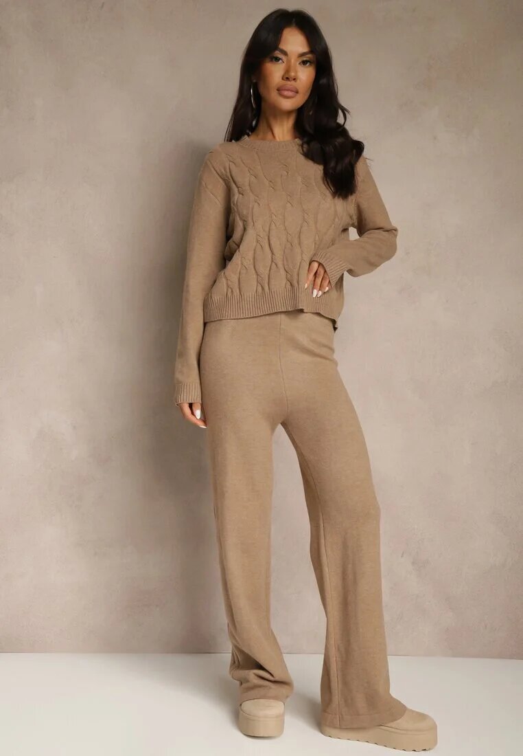 j&x Set tricotat bej închis cu Lână Pantaloni Wide Leg și Pulover Cropped Nezera