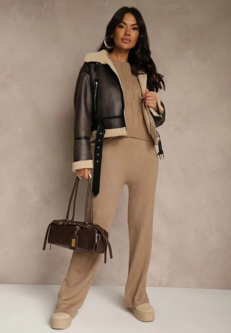 j&x Set tricotat bej închis cu Lână Pantaloni Wide Leg și Pulover Cropped Nezera