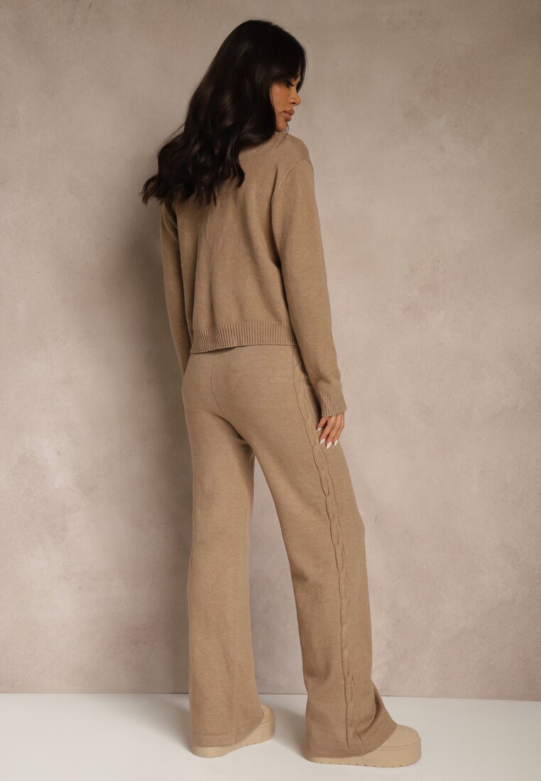 j&x Set tricotat bej închis cu Lână Pantaloni Wide Leg și Pulover Cropped Nezera