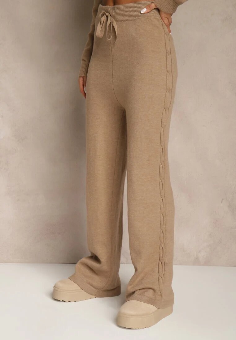 j&x Set tricotat bej închis cu Lână Pantaloni Wide Leg și Pulover Cropped Nezera