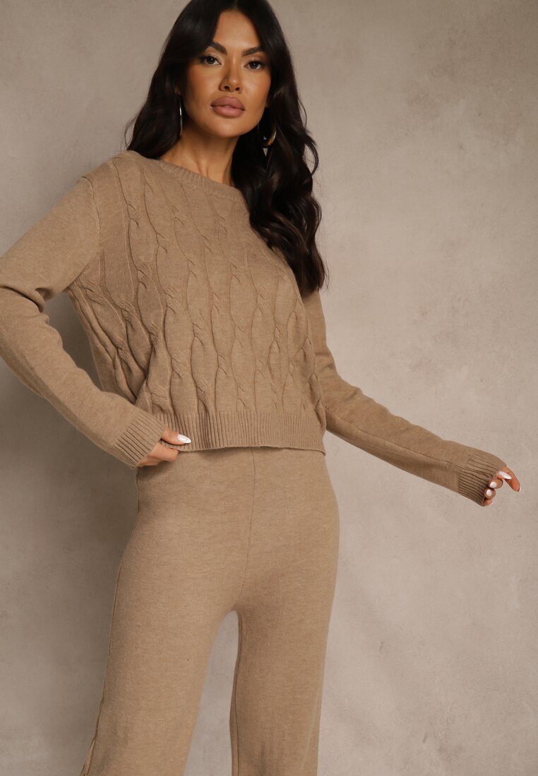 j&x Set tricotat bej închis cu Lână Pantaloni Wide Leg și Pulover Cropped Nezera