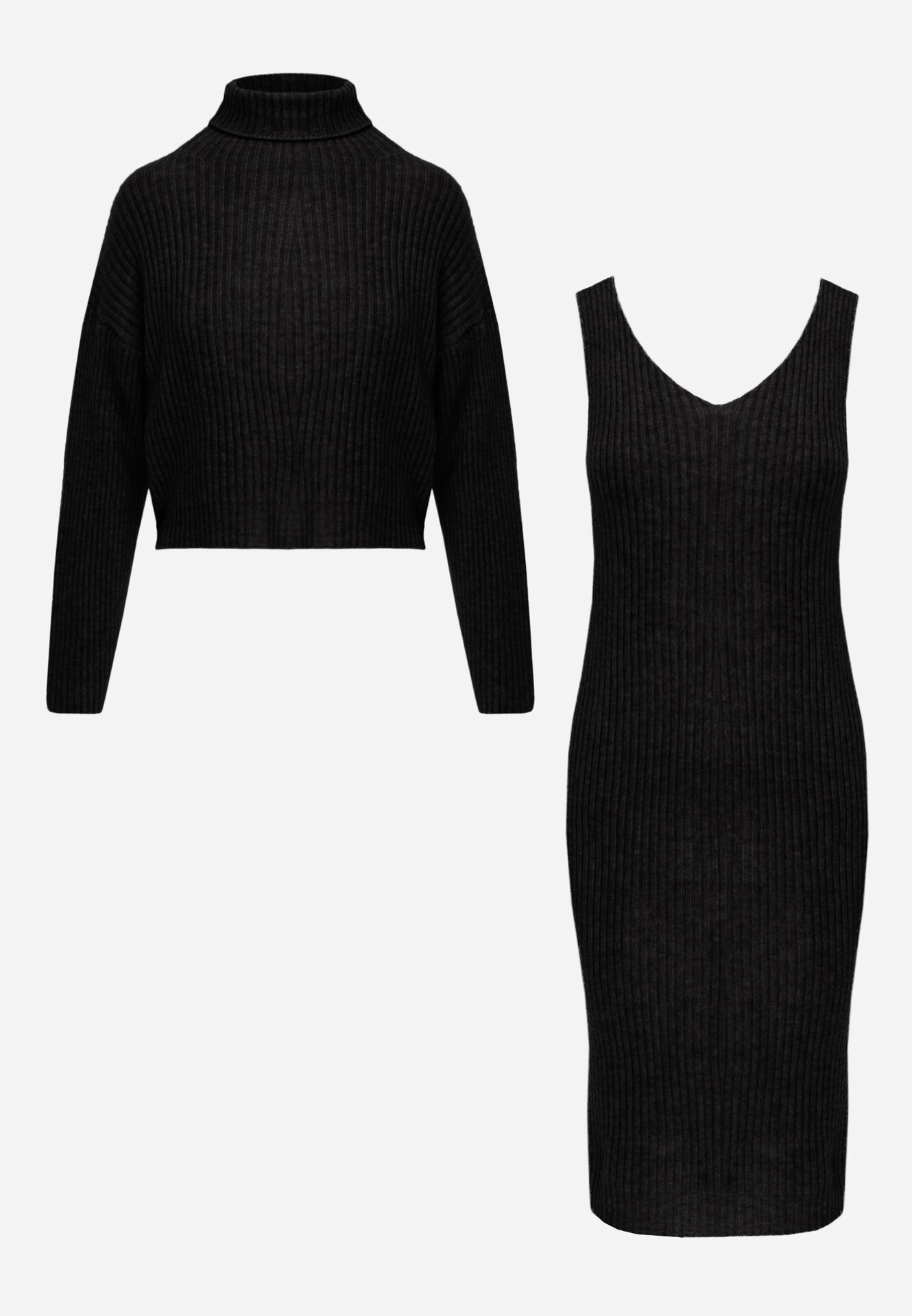 j&x Set tricotat cu dungi cu lână și bumbac cu guler înalt și rochie bodycon Mirrela Negru