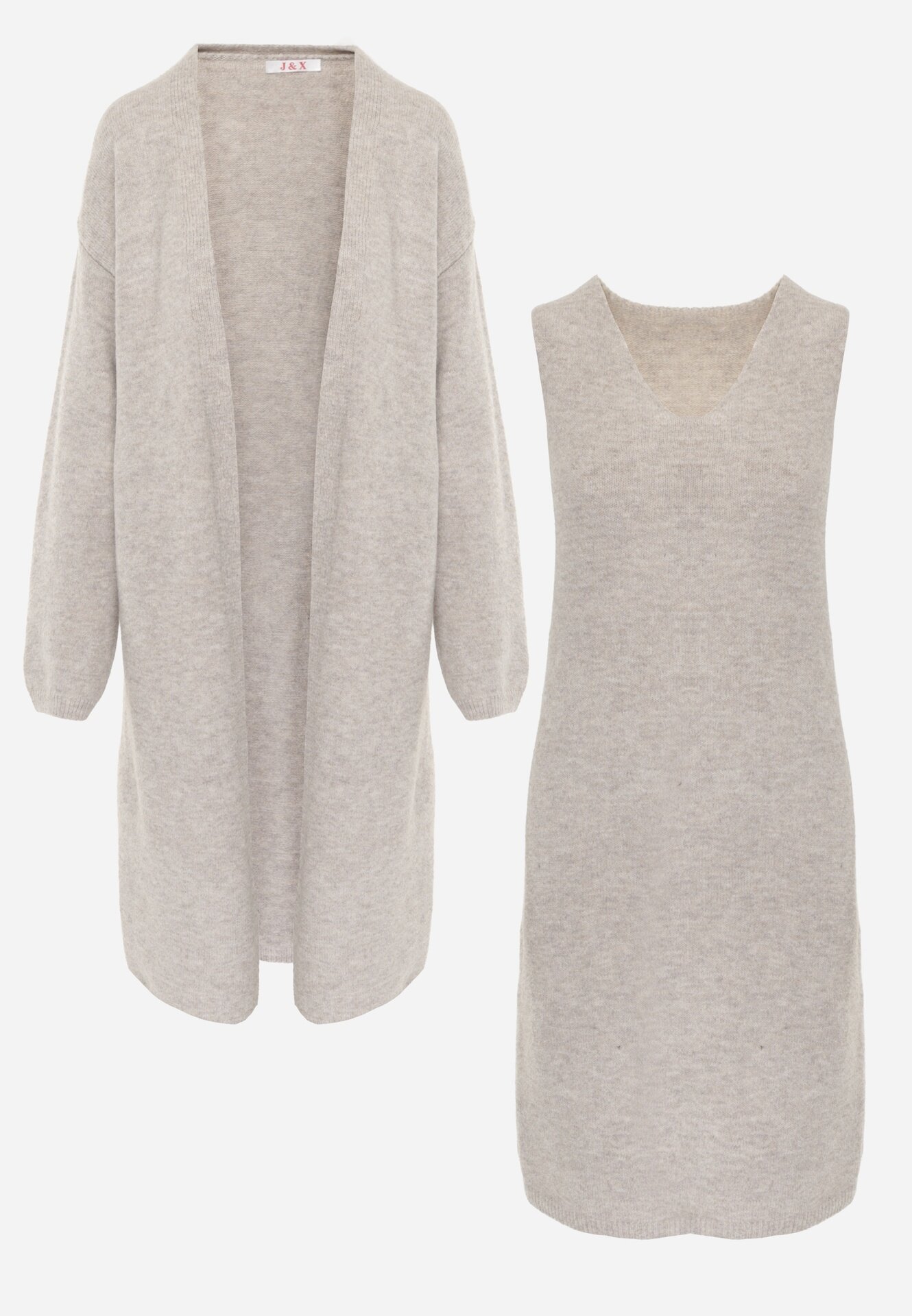 j&x Set tricotat cu lână și bumbac rochie cu decolteu în V și cardigan lung Veolara Bej Bej deschis