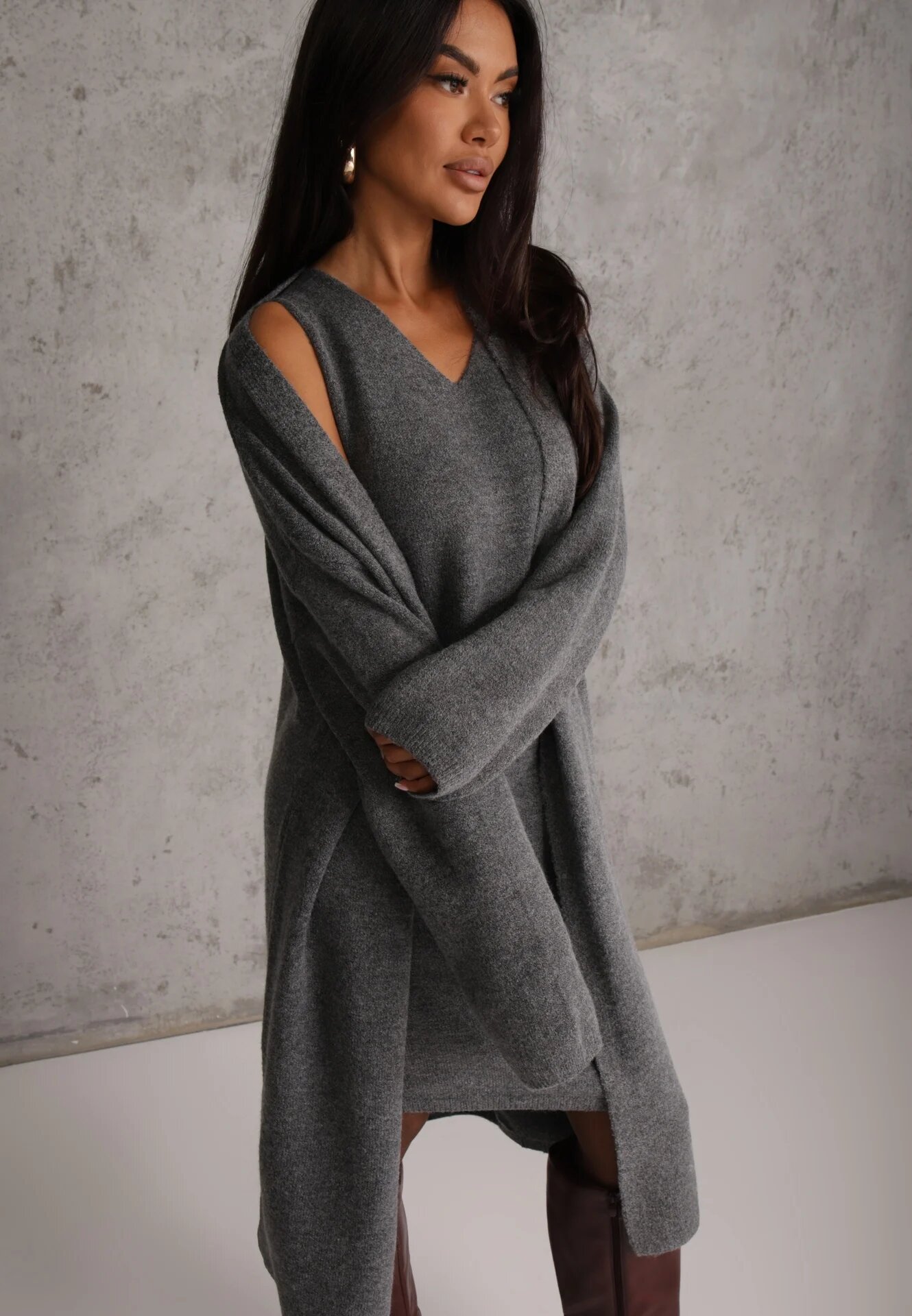 j&x Set tricotat cu lână și bumbac rochie cu decolteu în V și cardigan lung Veolara Bej Gri