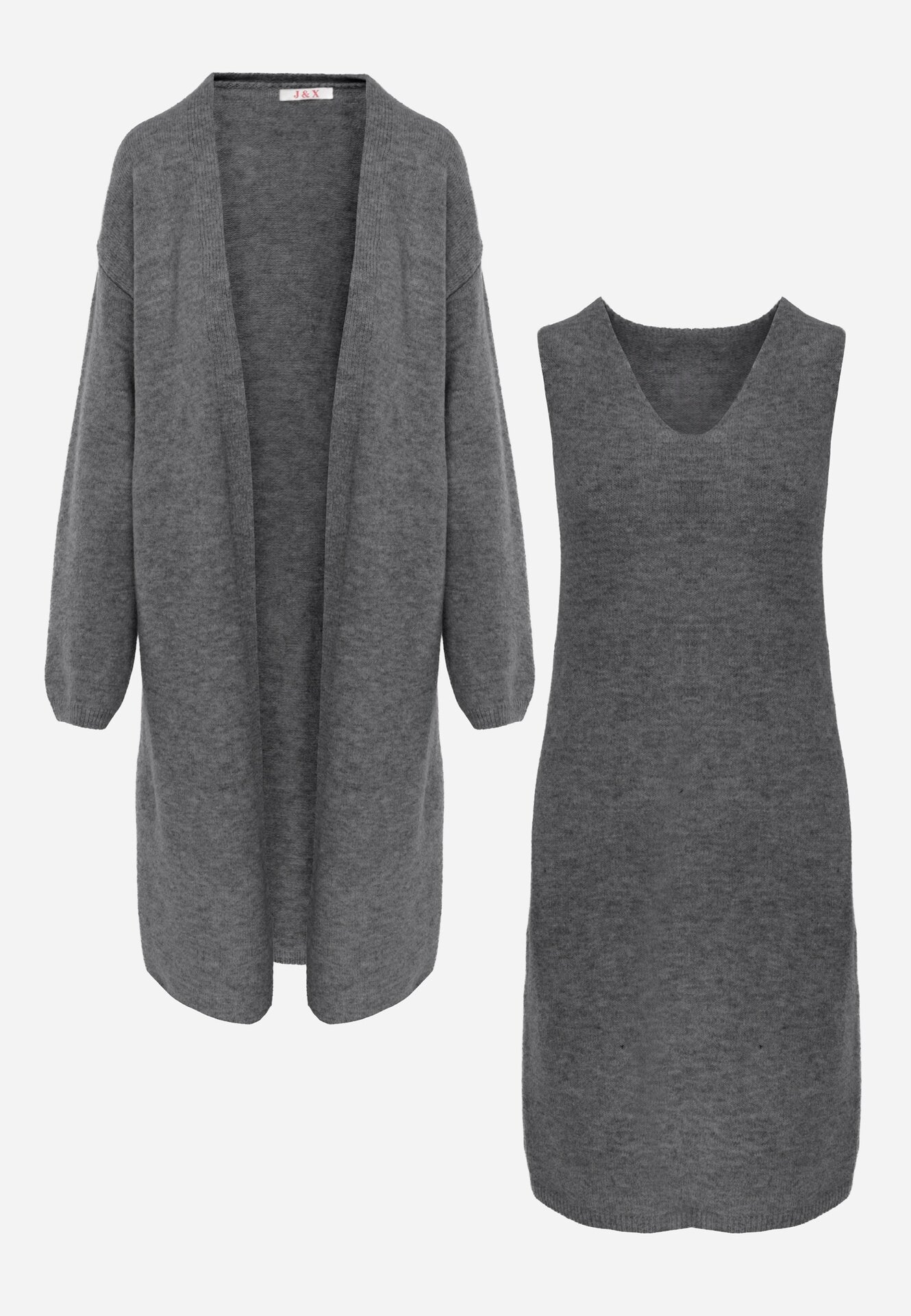 j&x Set tricotat cu lână și bumbac rochie cu decolteu în V și cardigan lung Veolara Bej Gri