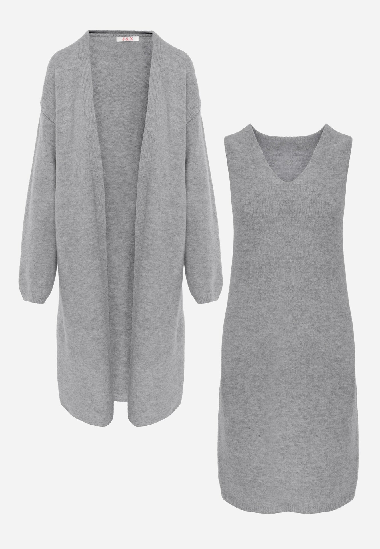 j&x Set tricotat cu lână și bumbac rochie cu decolteu în V și cardigan lung Veolara Bej Gri deschis