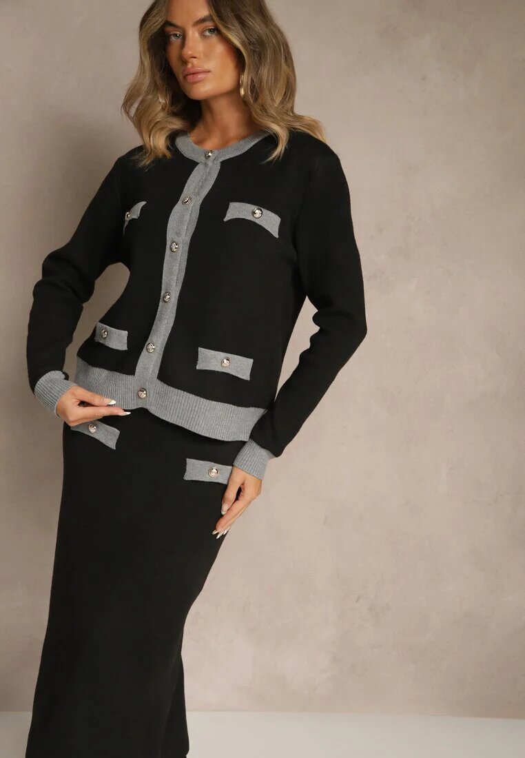 j&x Set tricotat gri din bumbac Cardigan și Fustă Derrive