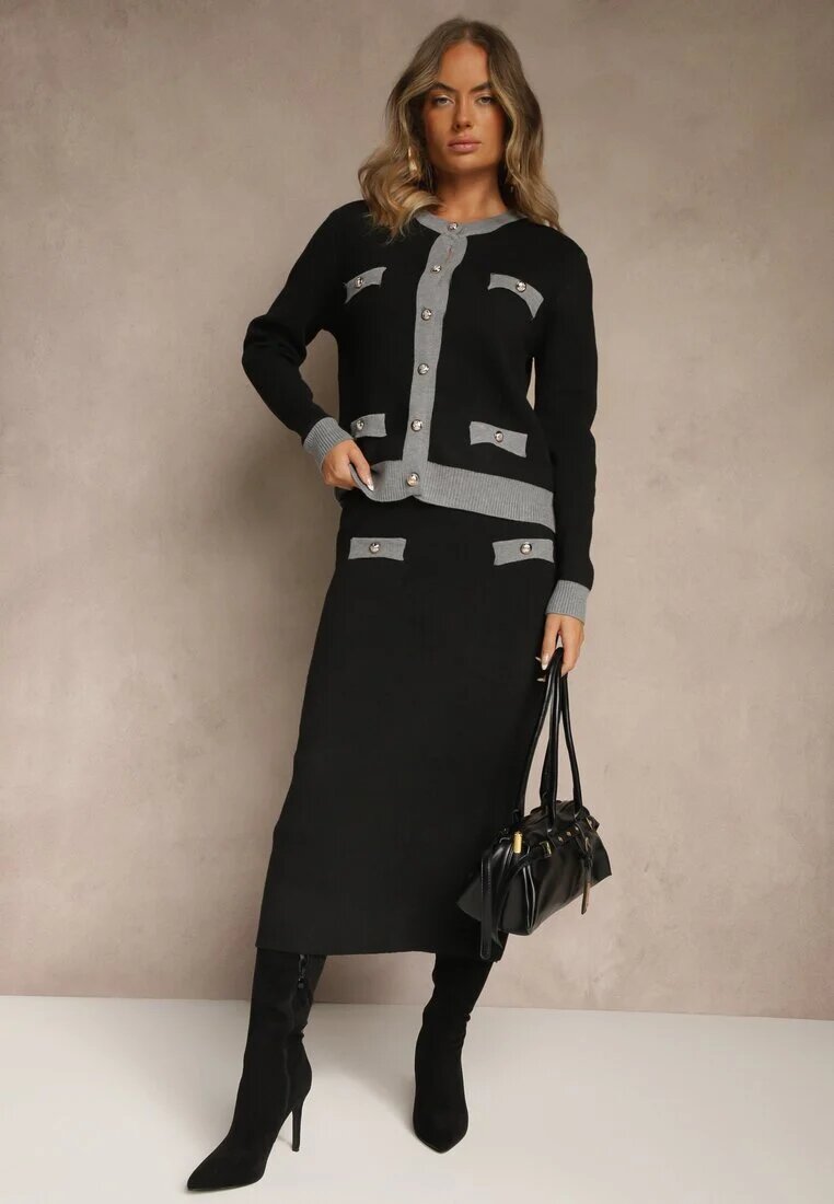 j&x Set tricotat gri din bumbac Cardigan și Fustă Derrive
