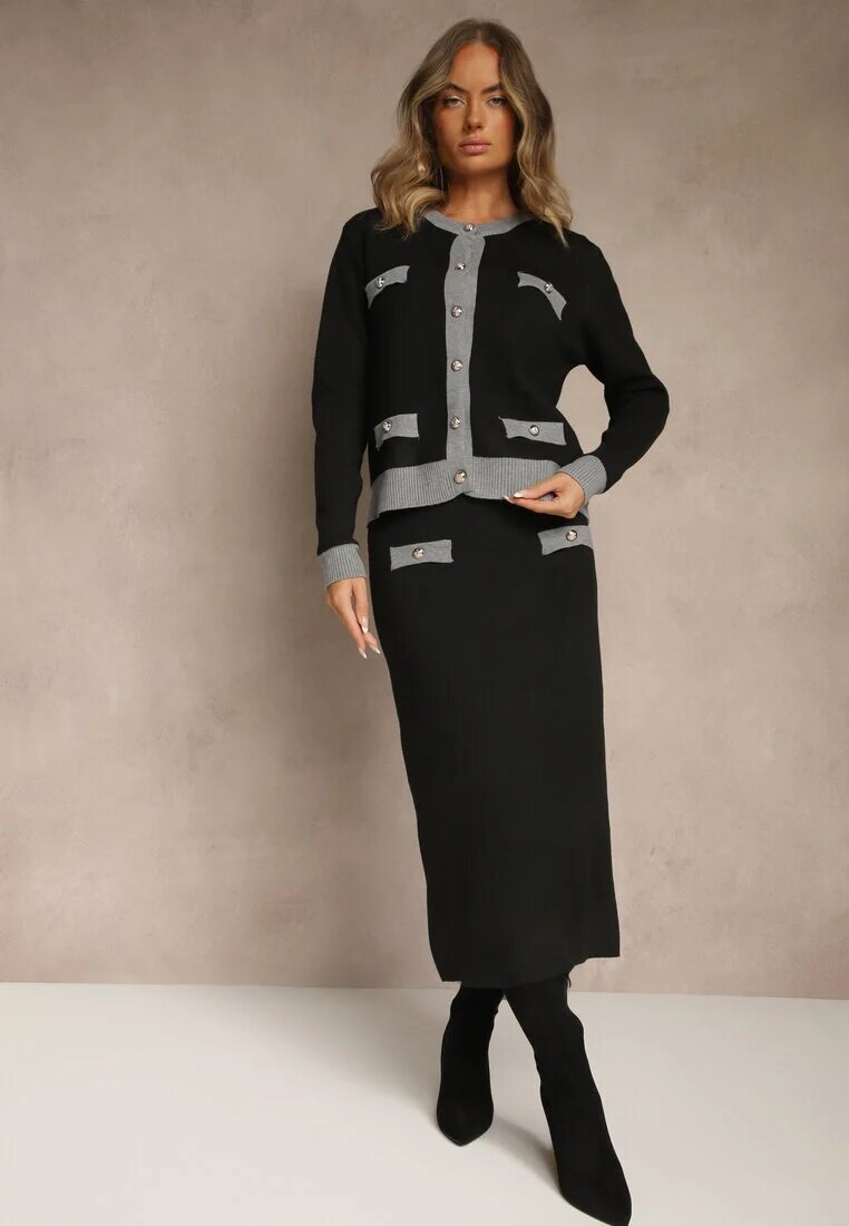 j&x Set tricotat gri din bumbac Cardigan și Fustă Derrive