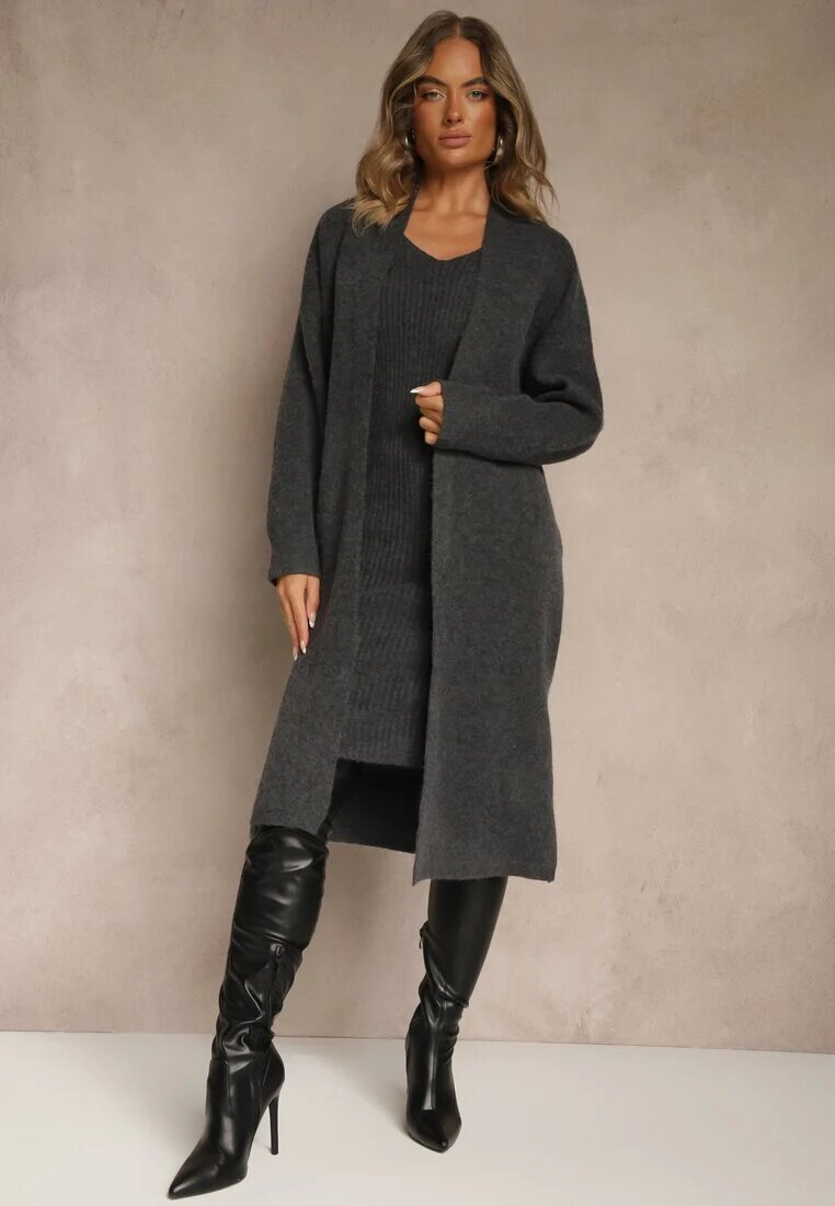 j&x Set tricotat gri închis cu lână Rochie reiată și Cardigan lung Falonessa