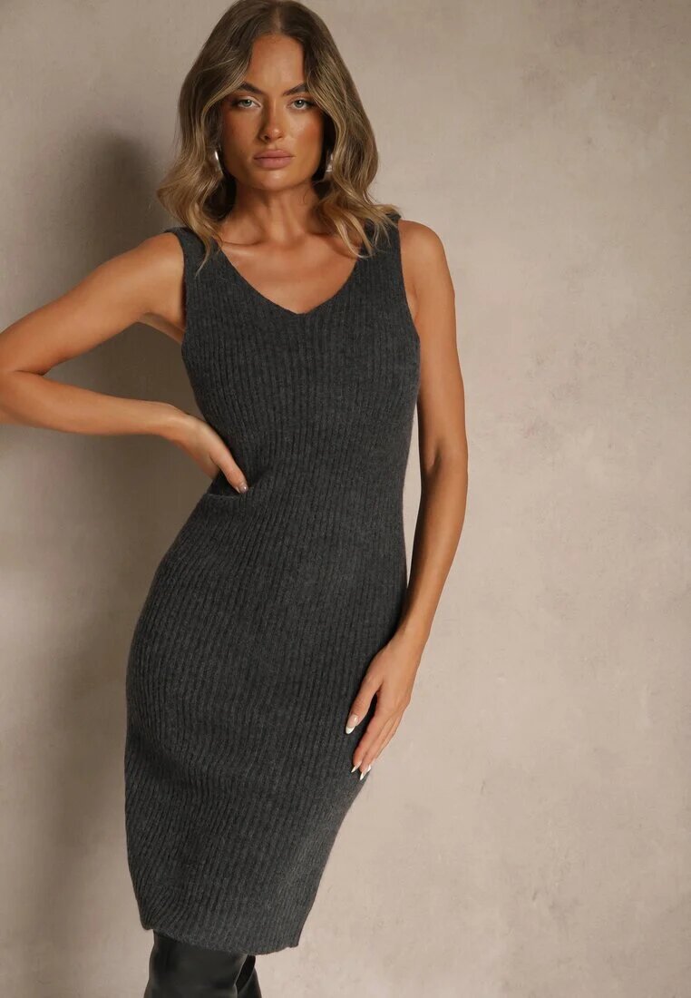 j&x Set tricotat gri închis cu lână Rochie reiată și Cardigan lung Falonessa