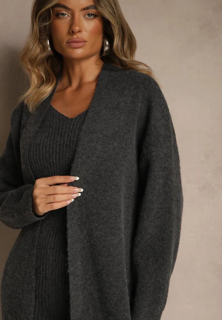 j&x Set tricotat gri închis cu lână Rochie reiată și Cardigan lung Falonessa
