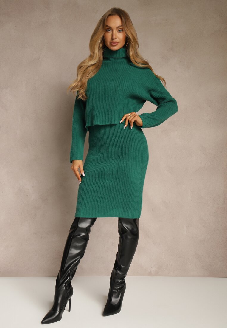 j&x Set Tricotat Verde cu Bumbac și Lână Rochie Mulată și Pulover Guler Înalt Reinissa