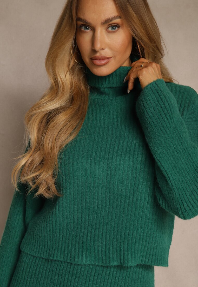 j&x Set Tricotat Verde cu Bumbac și Lână Rochie Mulată și Pulover Guler Înalt Reinissa