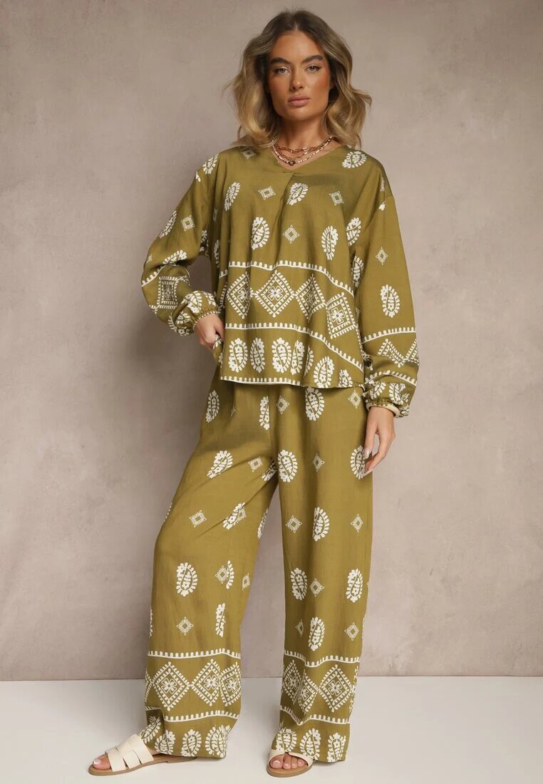 j&x Set Verde închis în Stil Etno Pantaloni cu Elastic în Talie și Bluză Oversize Eviralyn