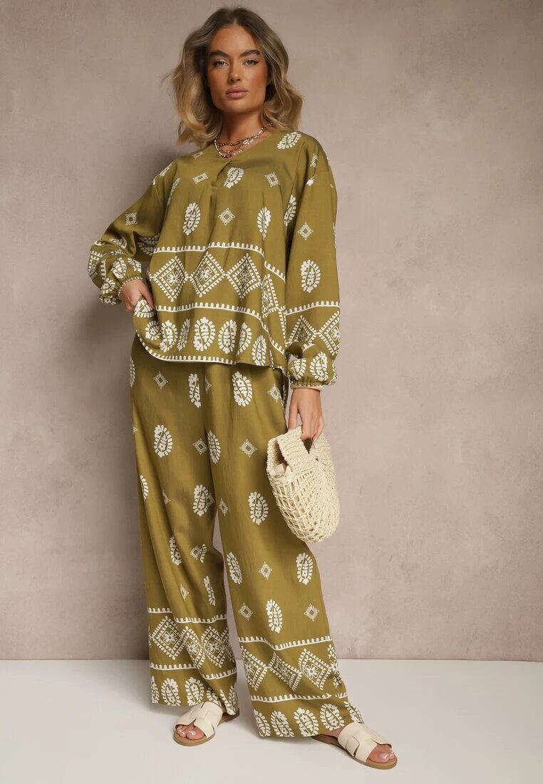 j&x Set Verde închis în Stil Etno Pantaloni cu Elastic în Talie și Bluză Oversize Eviralyn