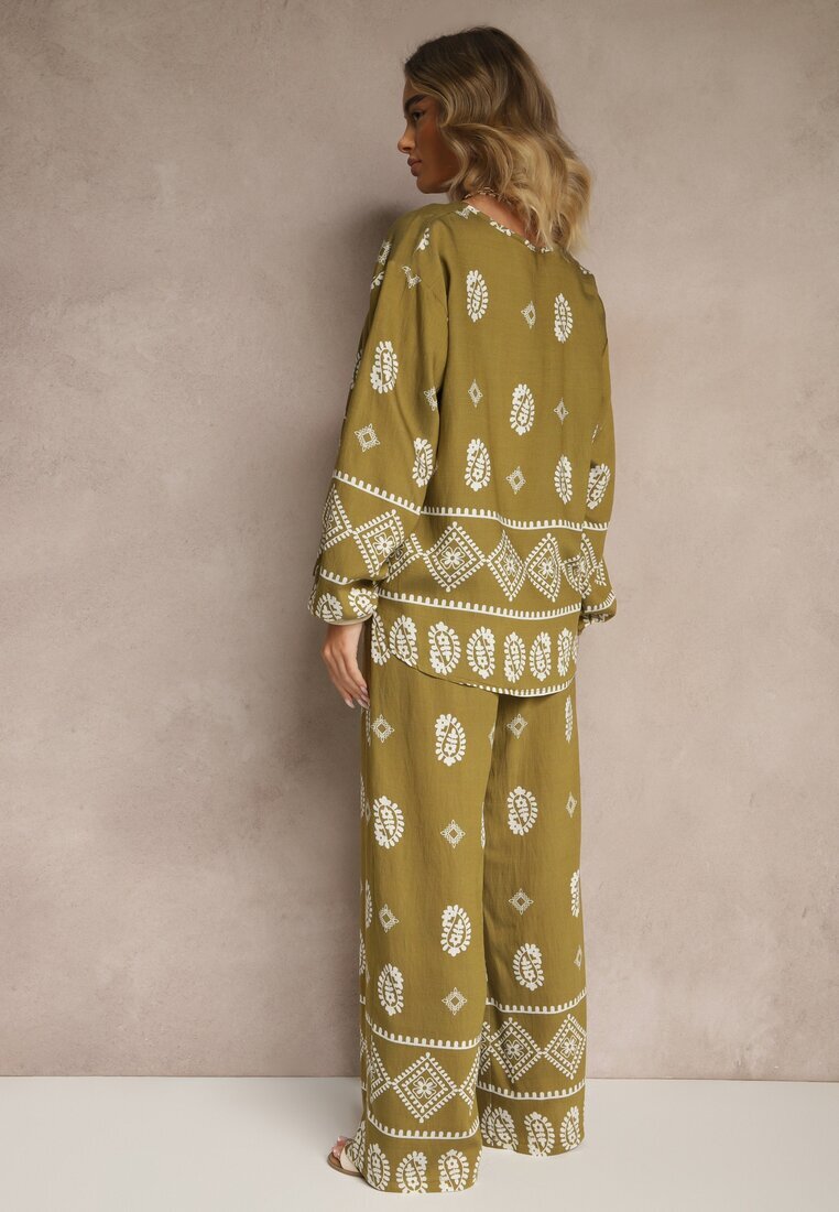 j&x Set Verde închis în Stil Etno Pantaloni cu Elastic în Talie și Bluză Oversize Eviralyn