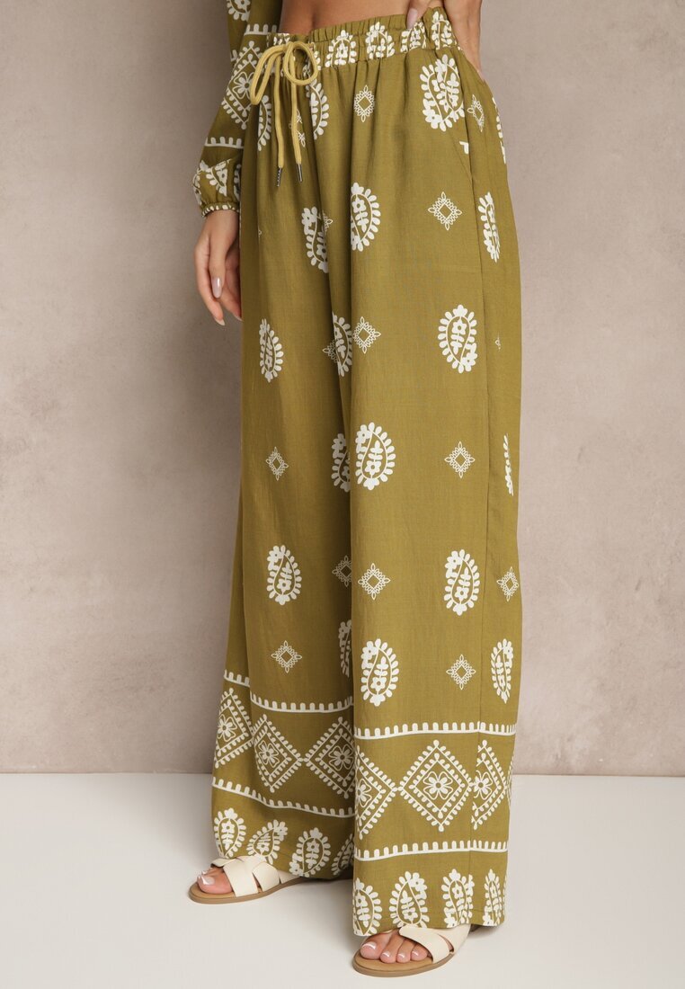 j&x Set Verde închis în Stil Etno Pantaloni cu Elastic în Talie și Bluză Oversize Eviralyn