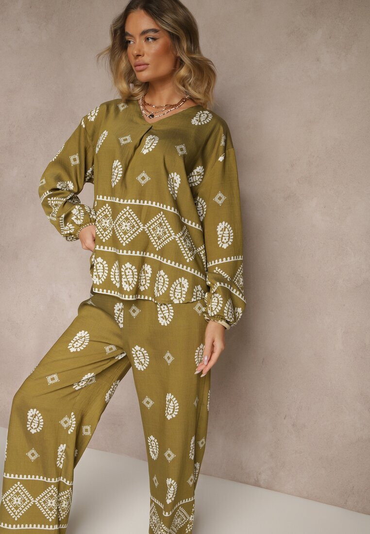 j&x Set Verde închis în Stil Etno Pantaloni cu Elastic în Talie și Bluză Oversize Eviralyn
