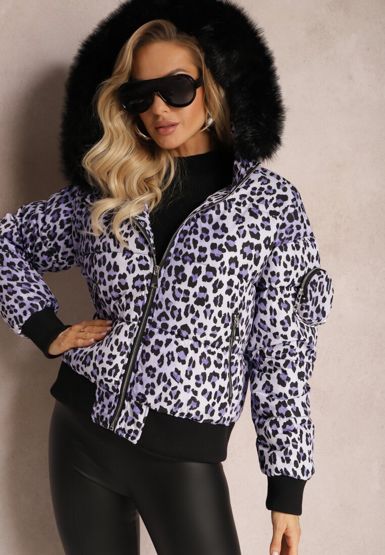  Jachetă matlasată violet cu imprimeu leopard cu glugă și săculeț decorativ Sadeve