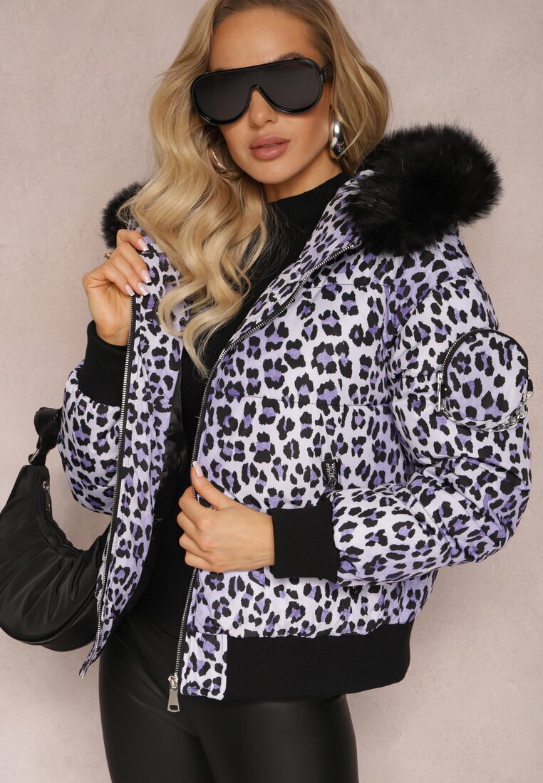  Jachetă matlasată violet cu imprimeu leopard cu glugă și săculeț decorativ Sadeve