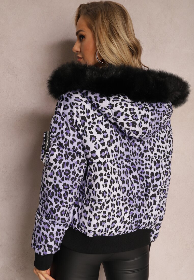  Jachetă matlasată violet cu imprimeu leopard cu glugă și săculeț decorativ Sadeve