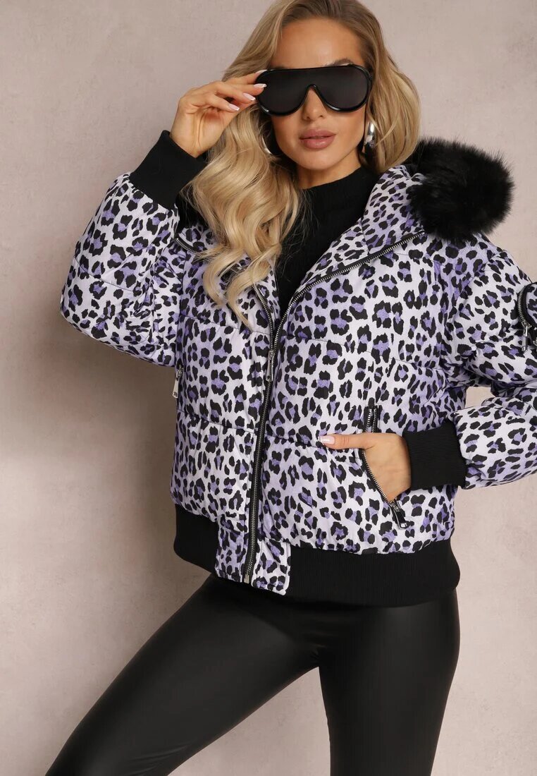  Jachetă matlasată violet cu imprimeu leopard cu glugă și săculeț decorativ Sadeve