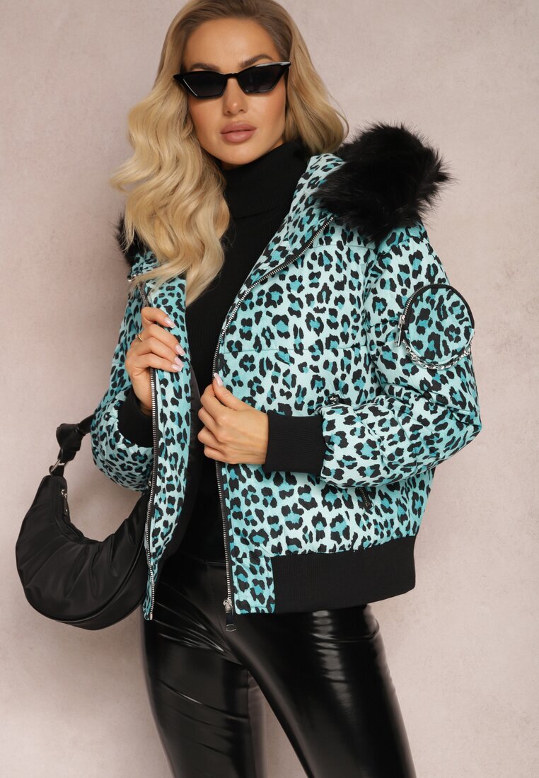  Jachetă verde deschis matlasată cu imprimeu leopard cu glugă și borsetă decorativă Sadeve