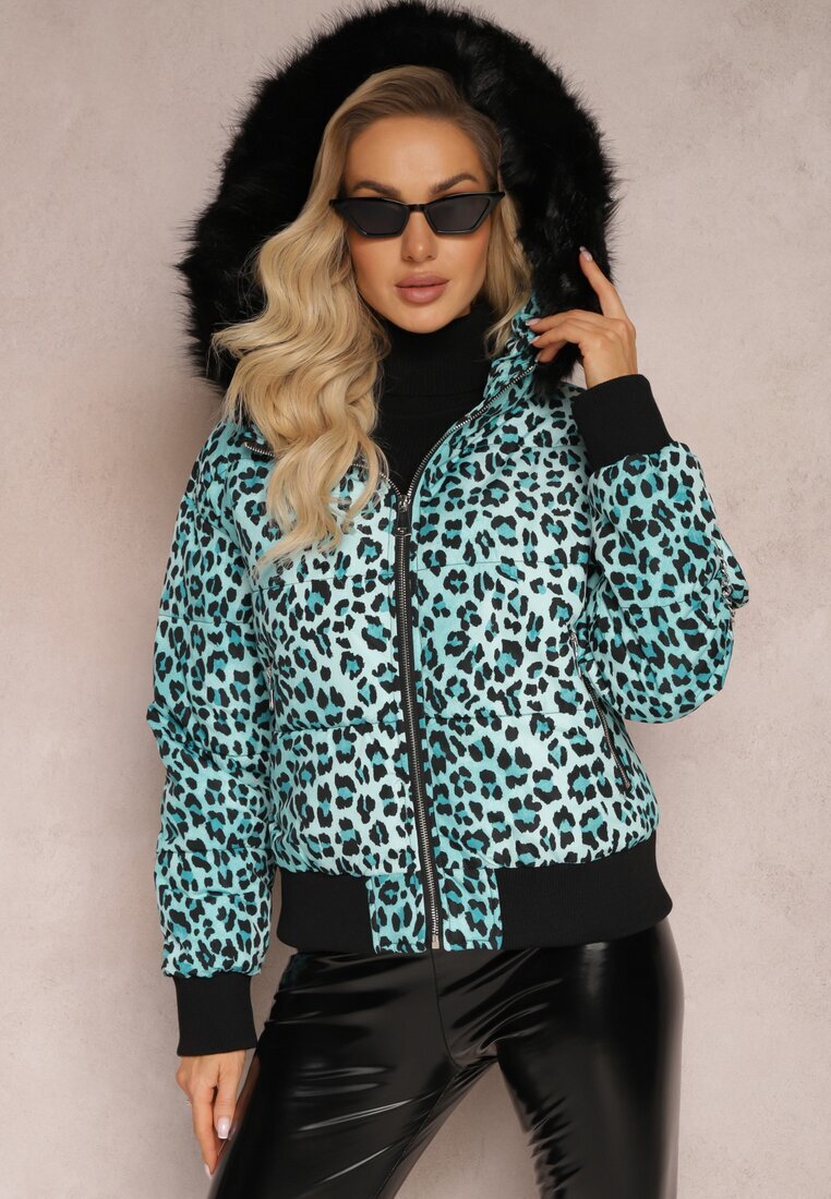  Jachetă verde deschis matlasată cu imprimeu leopard cu glugă și borsetă decorativă Sadeve