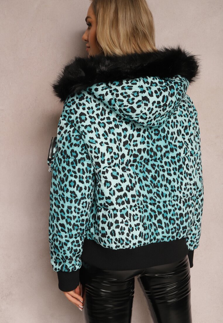  Jachetă verde deschis matlasată cu imprimeu leopard cu glugă și borsetă decorativă Sadeve