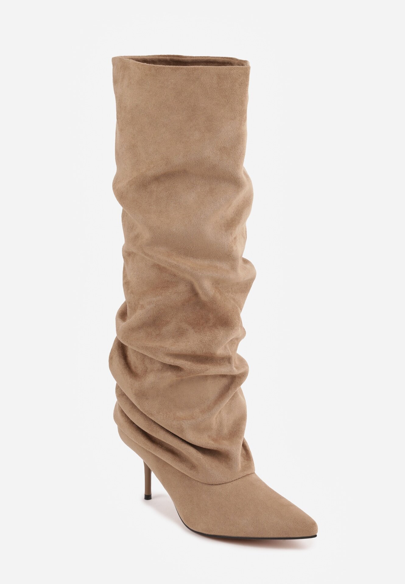 joalice paris Cizme Slouchy cu efect plisat cu textură de piele întoarsă cu toc jos Camosin Bej închis