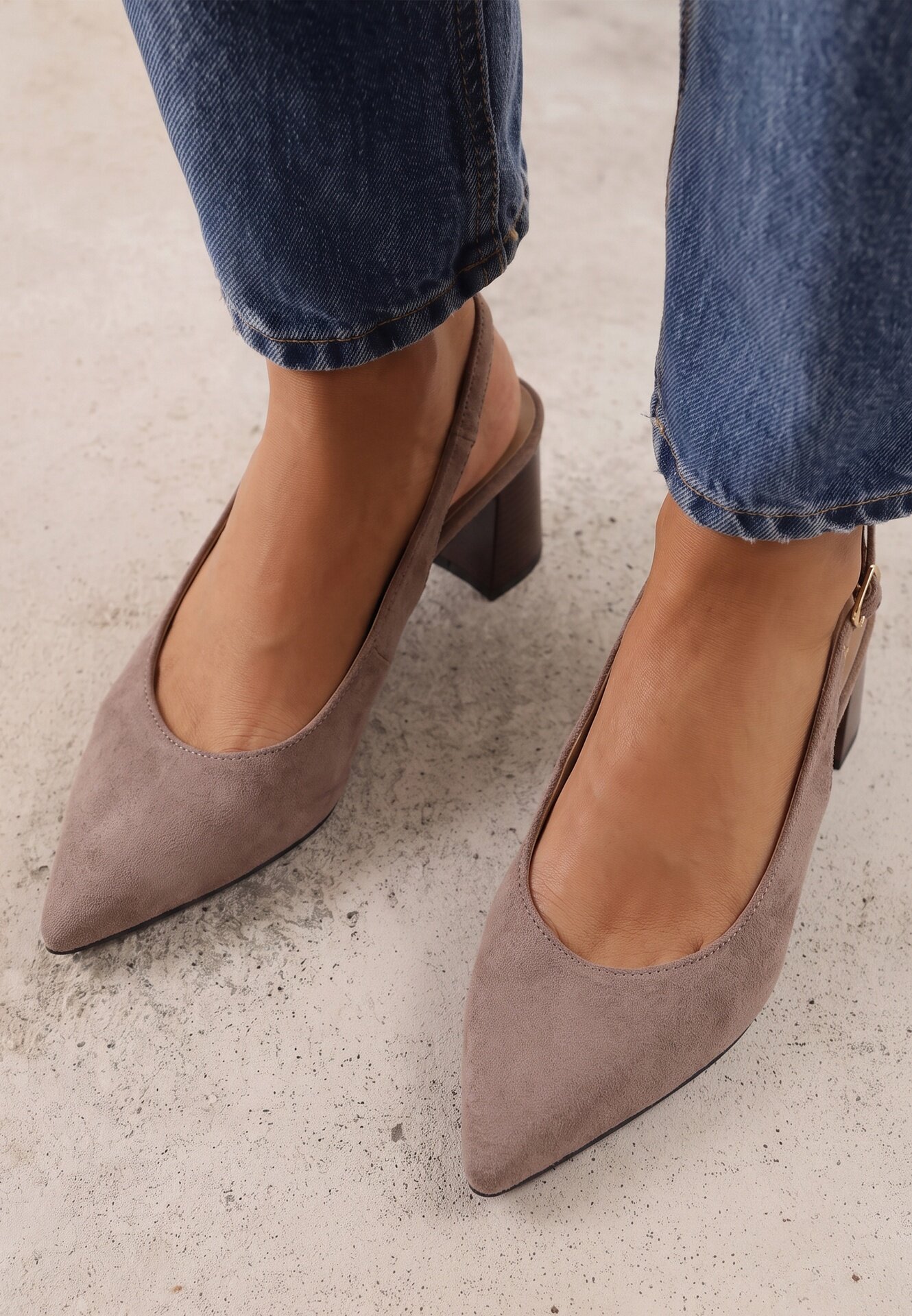 joalice paris Pantofi slingback cu textură de piele întoarsă cu toc gros Facena Bej închis Bej